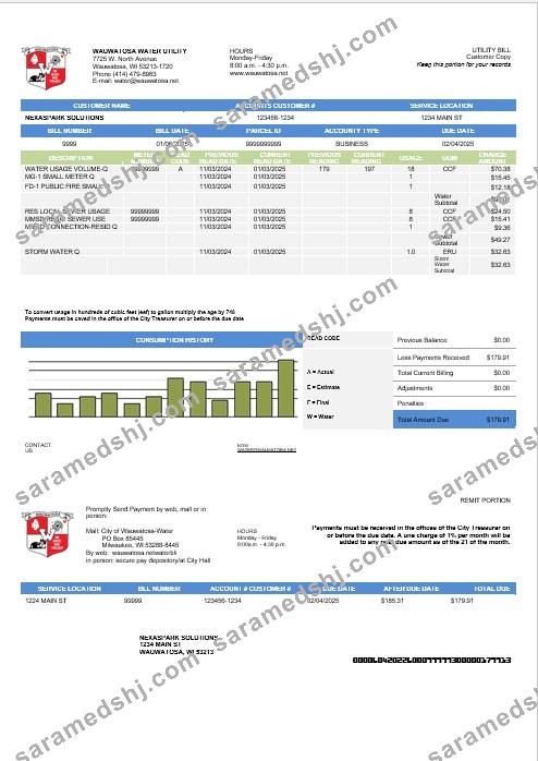 USA Wawatosa Water Utility business utility bill template in Word and PDF formats